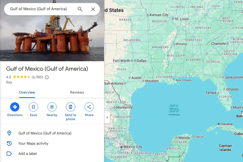 Golfe - Le Golfe du Mexique est désormais appelé Golfe d'Amérique sur Google Maps, mais uniquement dans les recherches depuis les États-Unis.