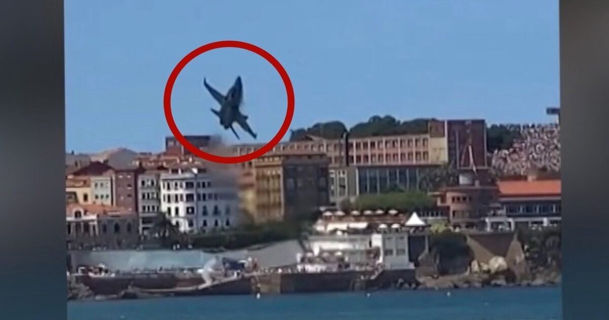 avions - Un chasseur d'avions évite de justesse des oiseaux près d'une plage bondée