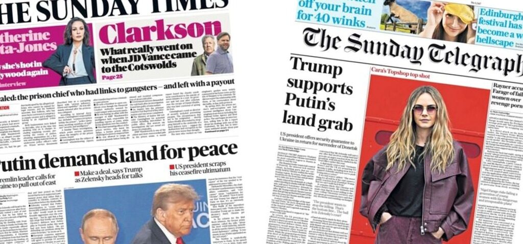Poutine - Les papiers : « Poutine exige des terres pour la paix » et « guerre contre les automobilistes »