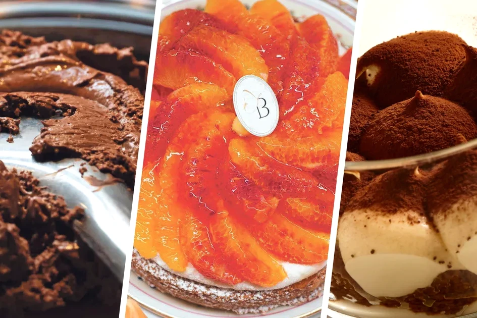Assortiment de desserts préférés des Français à Paris sur une table, avec éclairs, macarons et tartelette.