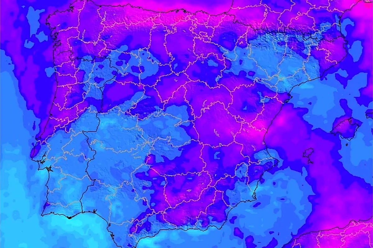 Carte météo de l’Aemet sur l’Espagne, avec alertes pour pluies, neige et grêle affichées en couleurs