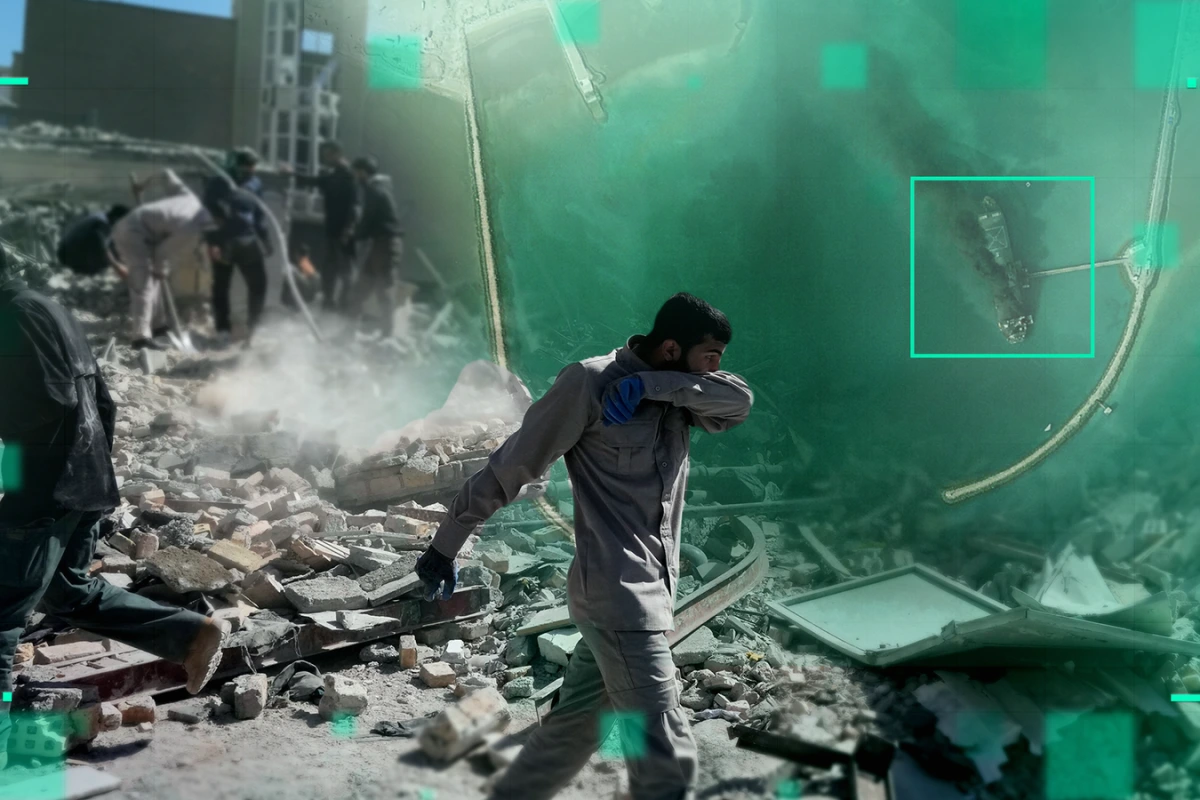 Carte militaire de l’Iran avec cibles touchées en rouge et icônes d’avions, missiles et drones engagés