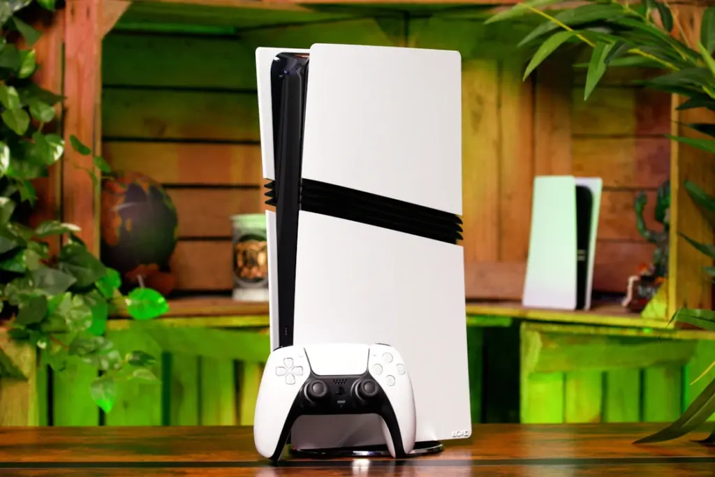 Console PS5 et manette DualSense posées sur une table, avec étiquette de prix en hausse à côté