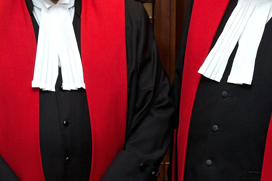 Deux juges en robe noire quittent un palais de justice, micros de journalistes tendus devant eux