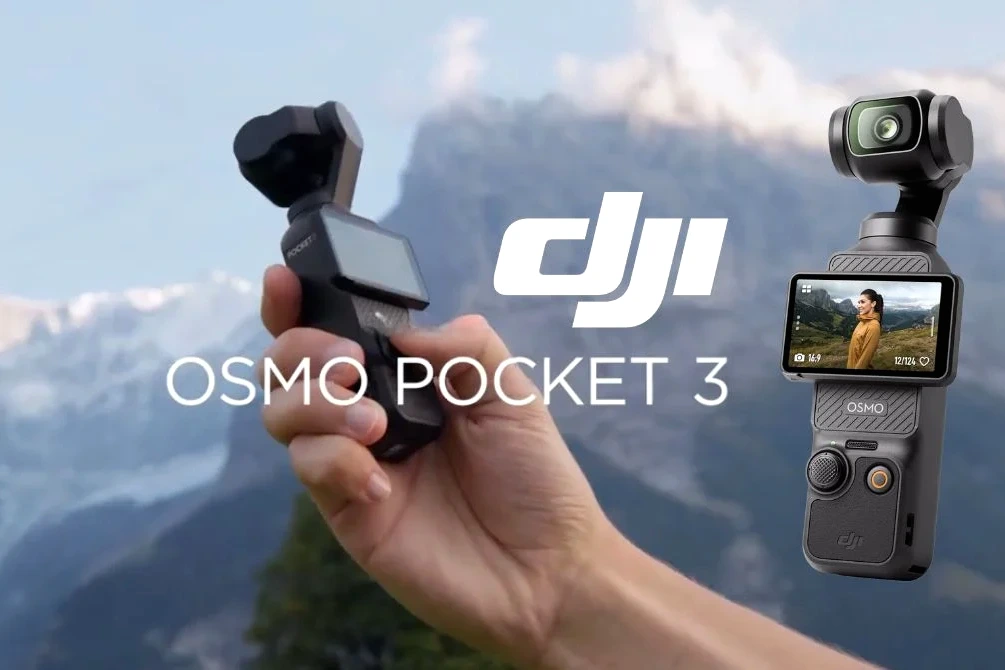DJI Osmo Pocket 3 posé sur une table, écran allumé et stabilisateur visible, avec logo Amazon en arrière-plan