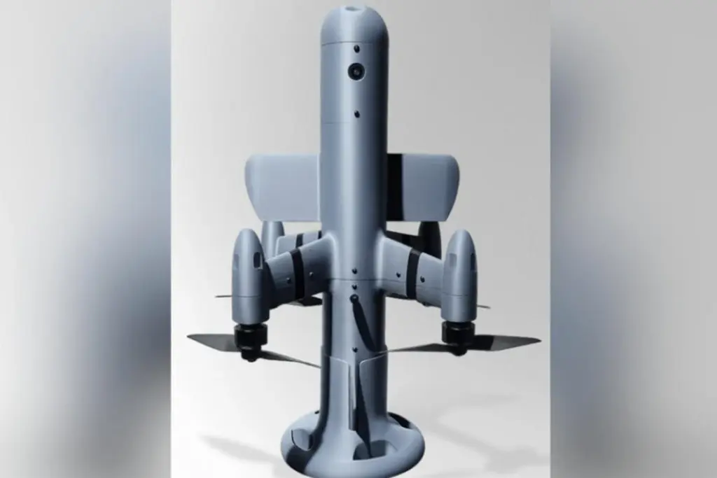 Drone intercepteur ukrainien UEB-1 exposé sur un support, vue de profil avec ailes et capteurs visibles