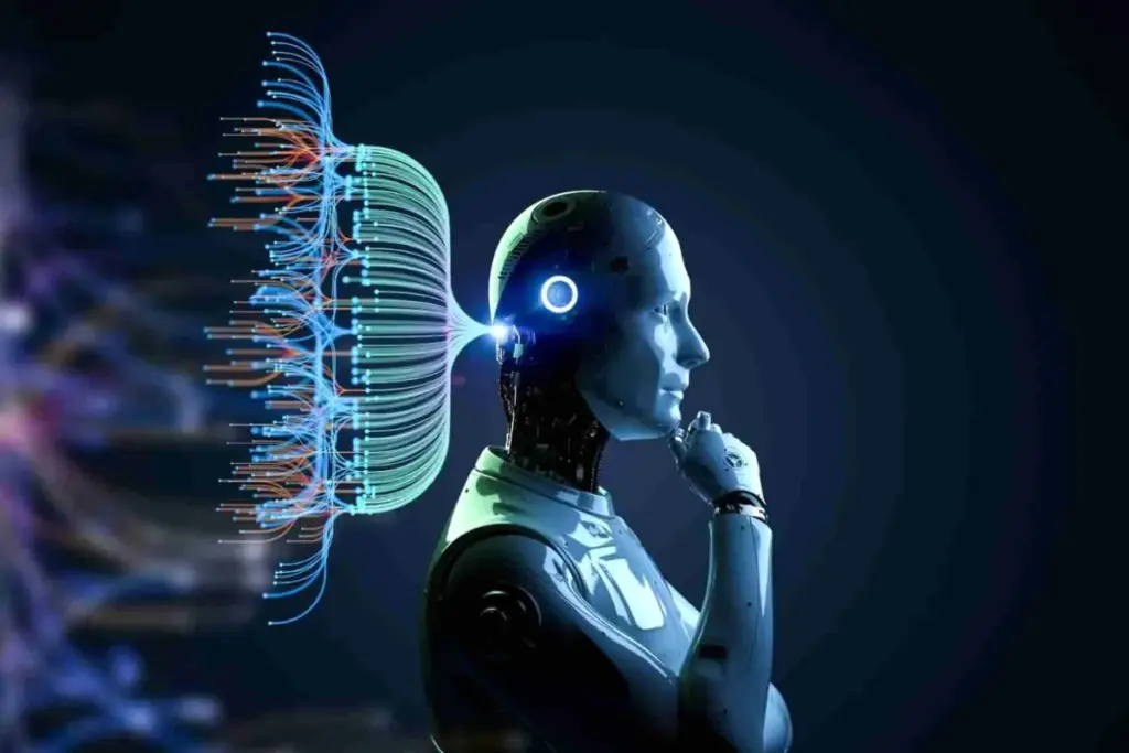 Écran d’ordinateur affichant une IA conversationnelle et ses réponses, avec une main prenant des notes à côté