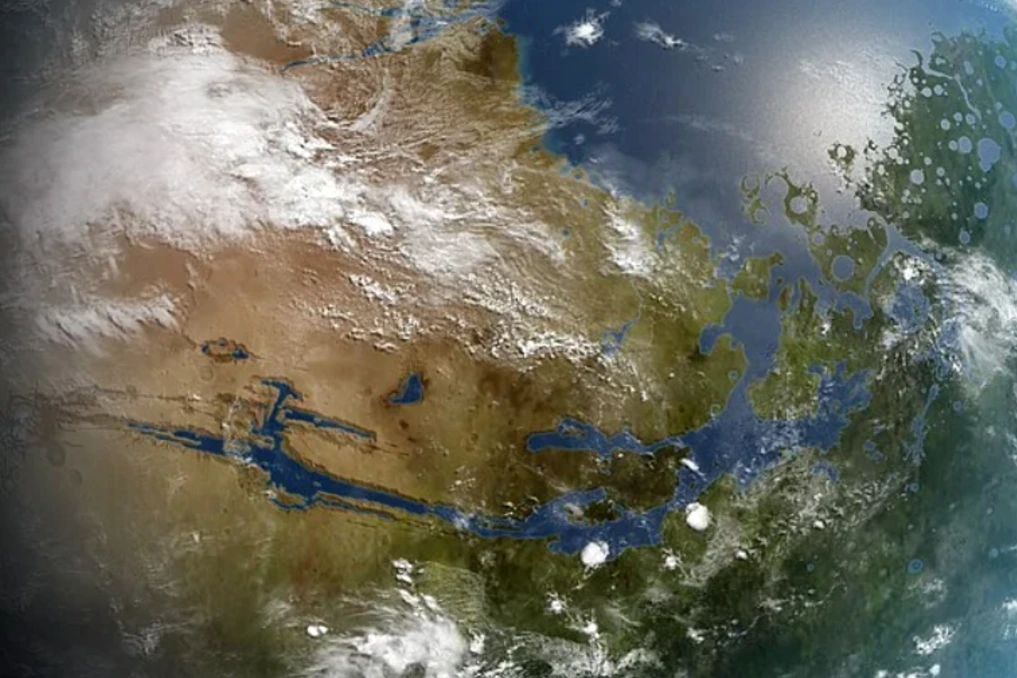 Elon Musk devant une fusée SpaceX, avec Mars rouge en arrière-plan et des installations industrielles au sol