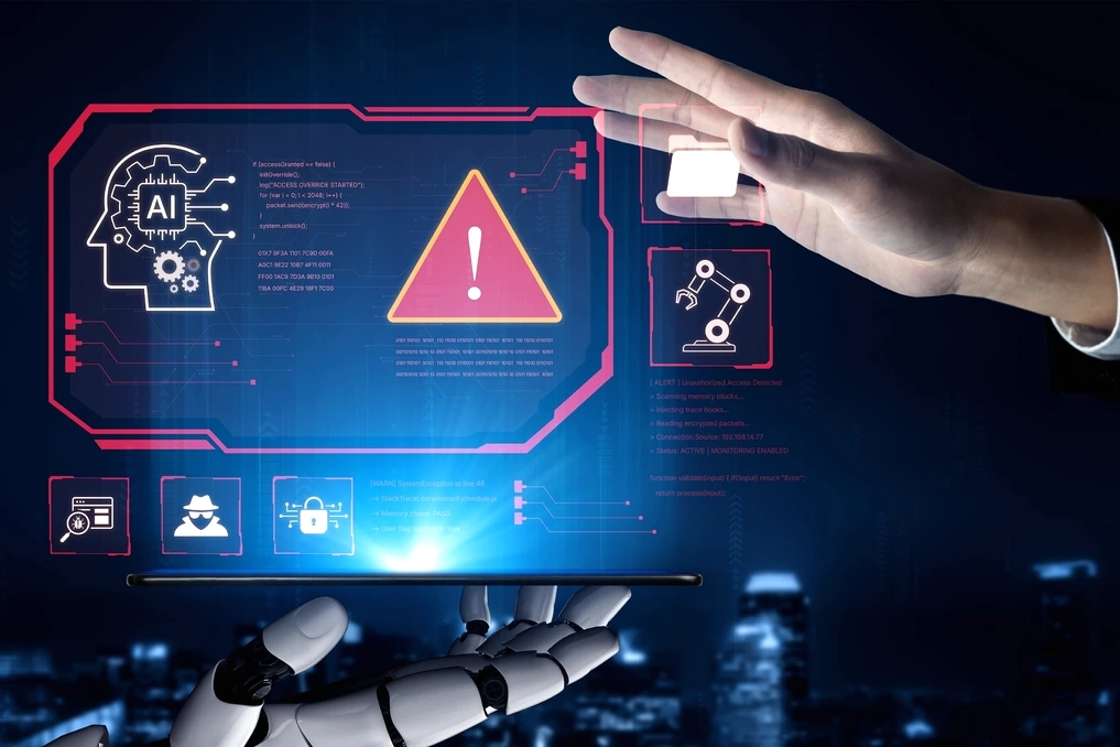 Illustration de ChatGPT, Claude et Gemini sur écrans, avec bulles de dialogue et icônes d’alerte rouges