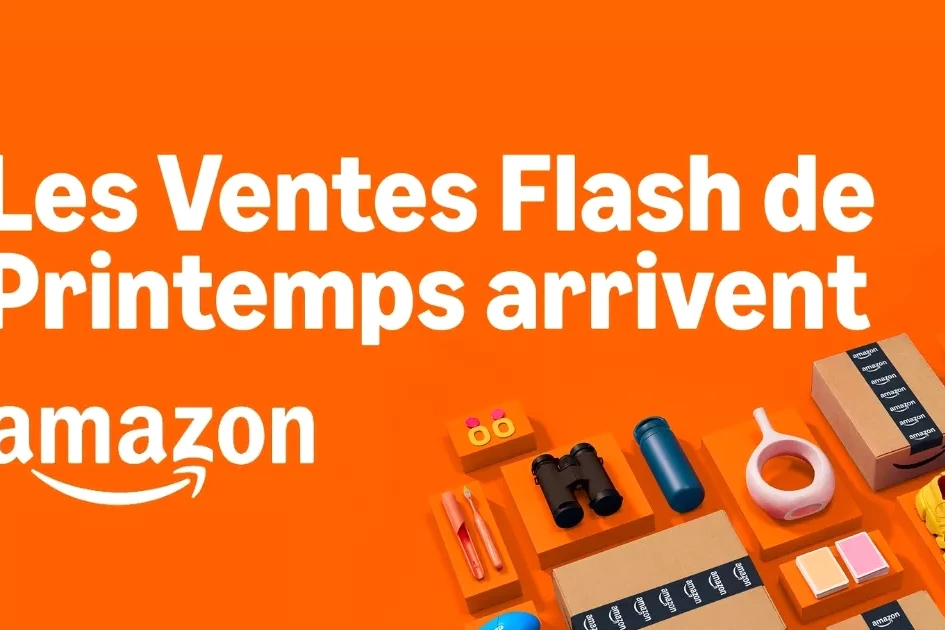 Logo Amazon sur écran de smartphone, avec bannière « Ventes Flash de Printemps » et étiquettes promo rouges
