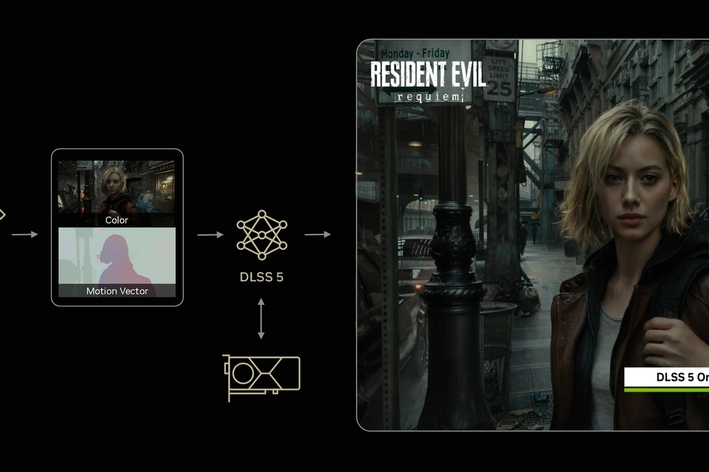 Logo Nvidia sur une carte graphique, avec mention DLSS 5 affichée sur un écran en arrière-plan