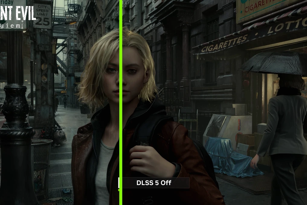 Logo Nvidia sur une carte graphique éclairée, avec mention « DLSS 5 » sur un écran en arrière-plan