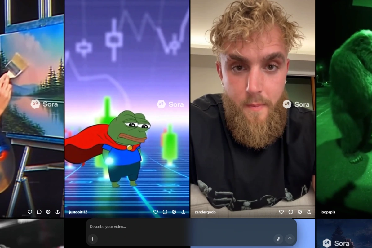 Logo OpenAI sur écran, interface de l’application vidéo Sora en arrière-plan, avec mention de fermeture