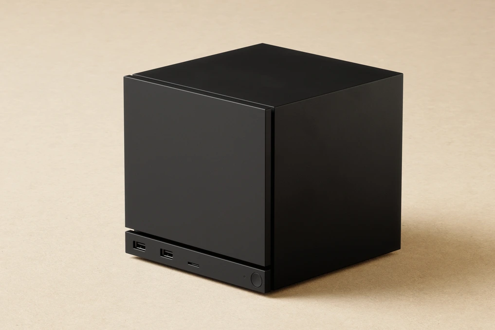 Logo Steam sur une Steam Machine noire, avec un panneau ouvert laissant voir la RAM et les ports internes