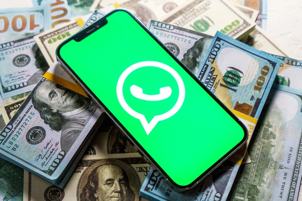 Logo WhatsApp sur écran de smartphone, avec mention « Plus » et icône d’abonnement, aux couleurs Meta