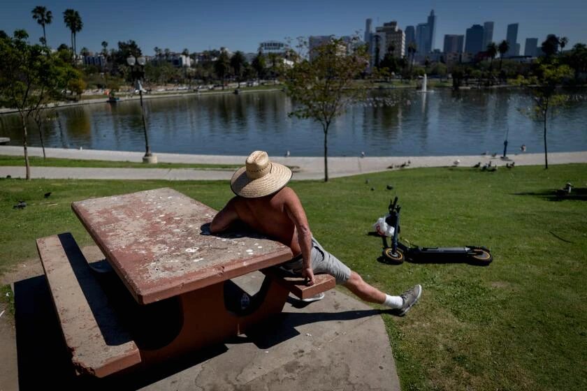 Palmiers et rue ensoleillée en Californie du Sud, chaleur intense visible sous un ciel bleu de mars