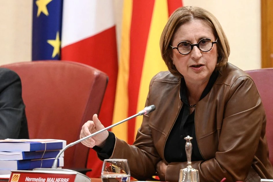 Panneau routier indiquant « Pyrénées-Orientales » au bord d’une route, avec montagnes en arrière-plan