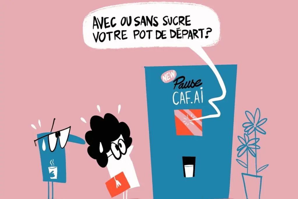 Salariés français au bureau devant des écrans affichant une interface d’IA, ambiance de travail moderne