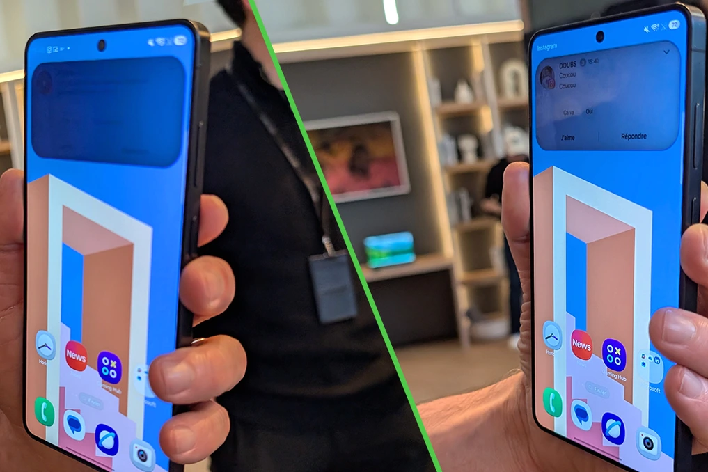 Samsung Galaxy S26 Ultra en gros plan, écran allumé avec filtre de confidentialité, main tenant le smartphone