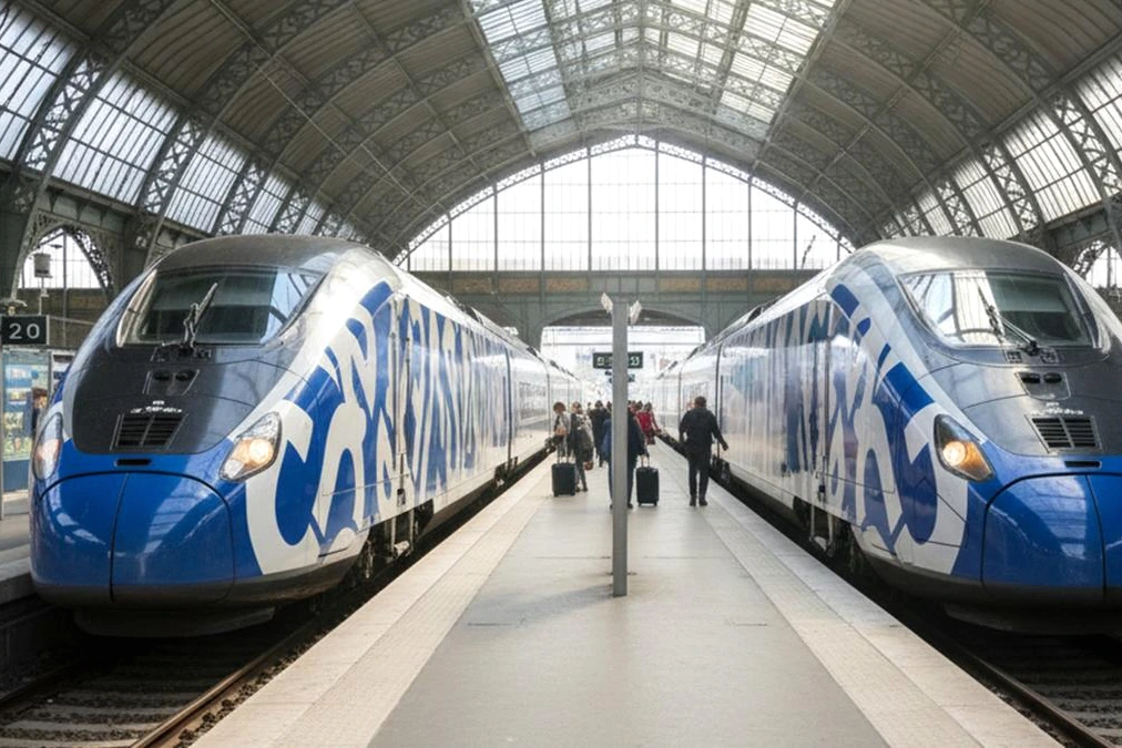 Train Le Train en gare, quai avec voyageurs, panneau d’affichage indiquant Paris-Bordeaux et Paris-Rennes