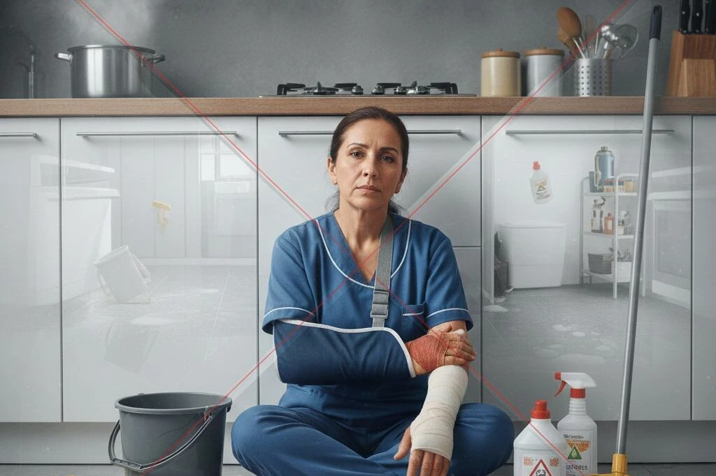 Travailleuse domestique en tablier nettoyant un salon, balai en main, sans sécurité sociale visible