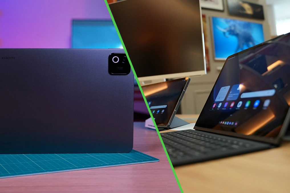 Xiaomi Pad 8 et Galaxy Tab S10 FE côte à côte sur une table, écrans allumés affichant Android