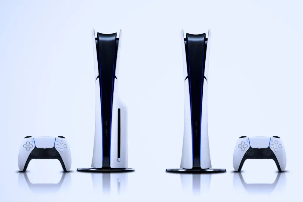 Console PS6 stylisée sur fond sombre, avec logo Sony et éclairage bleu futuriste en gros plan