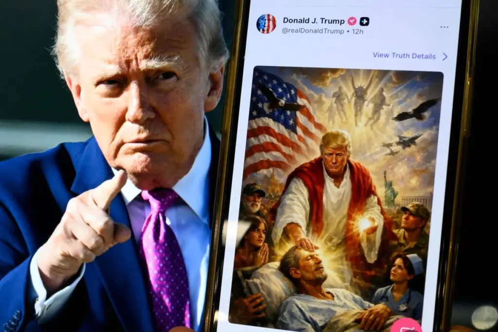 Donald Trump en tenue blanche, représenté en Jésus-Christ dans une image IA, auréole et croix en fond