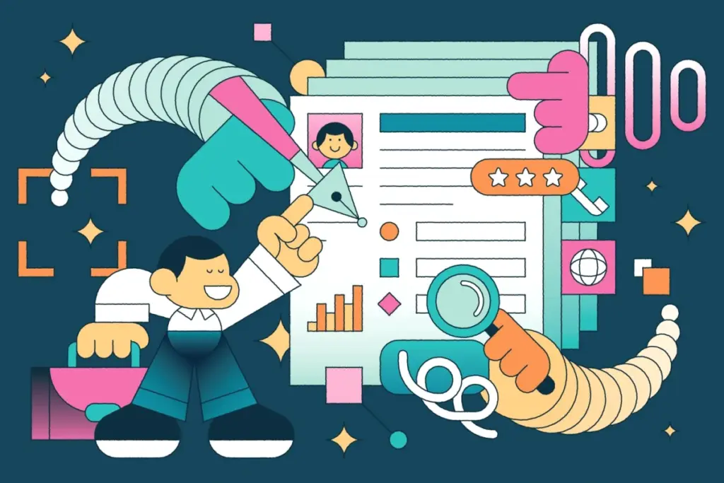 Illustration du défi client : personne devant un ordinateur, graphiques et checklist sur l’écran