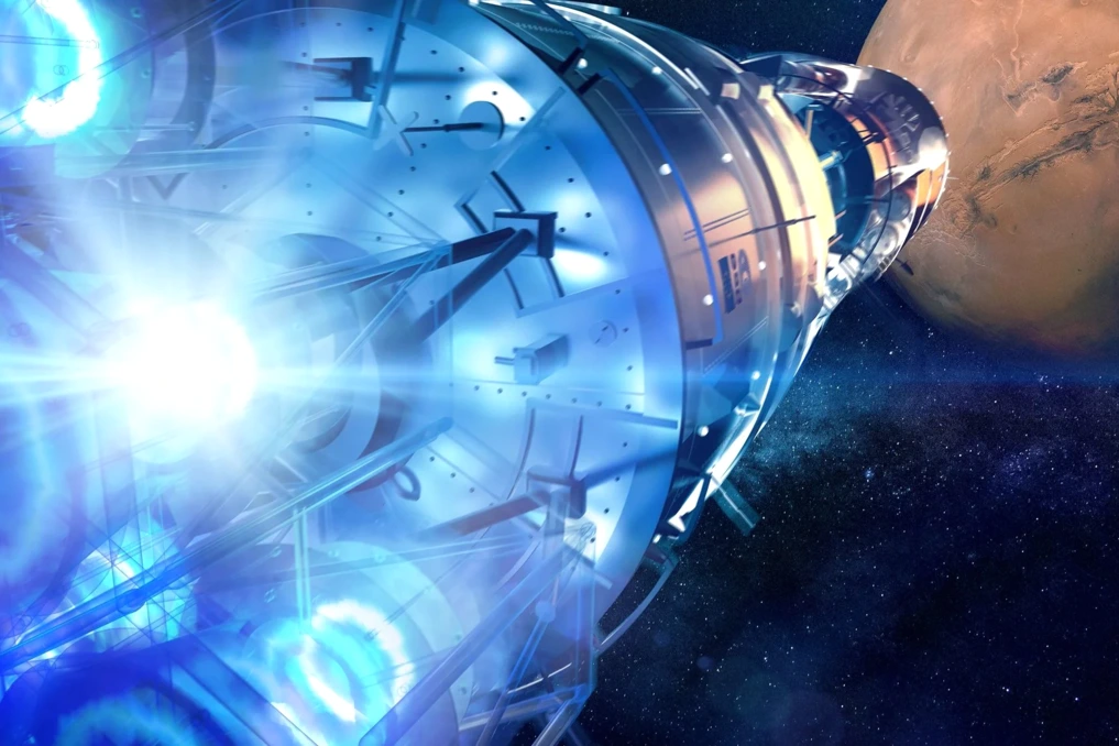 Ingénieurs de la Nasa testant un moteur au lithium liquide sur banc d’essai, câbles et capteurs visibles