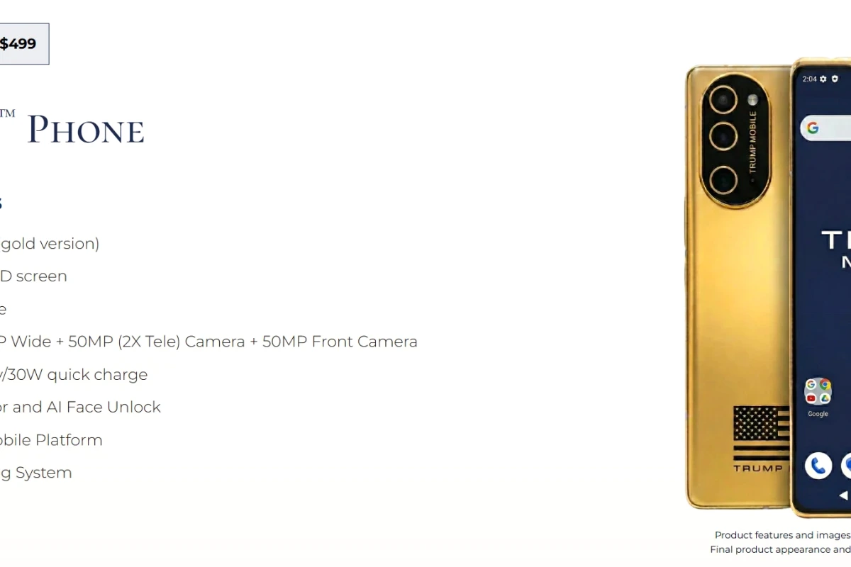 Smartphone doré de Trump tenu en main, gros plan sur l’arrière métallique et l’écran allumé