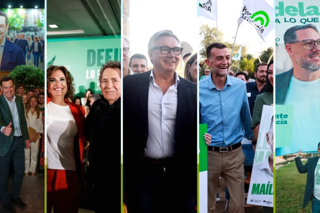 Candidat en Andalousie saluant la foule lors d’un meeting, drapeaux et banderoles de campagne en 2026