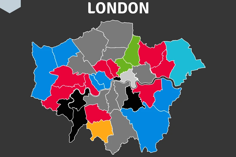 Carte de Londres avec boroughs colorés et tableau des résultats des élections locales 2026 par borough