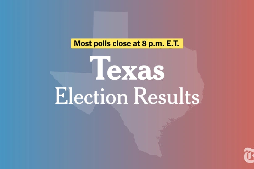 Carte du Texas avec icônes de résultats en direct du second tour des primaires au Sénat du Texas 2026