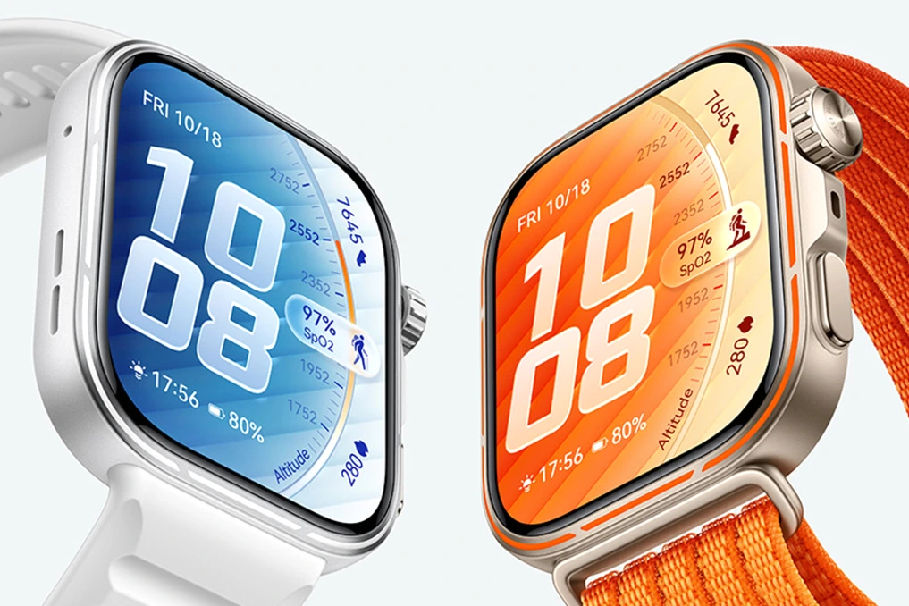 Huawei Watch Fit 5 affichée sur un poignet, écran allumé montrant une séance d’entraînement et l’heure