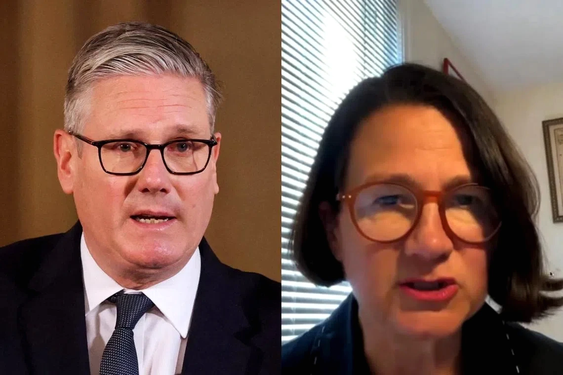 Keir Starmer en costume, visage sérieux, parlant à des journalistes devant un bâtiment officiel.