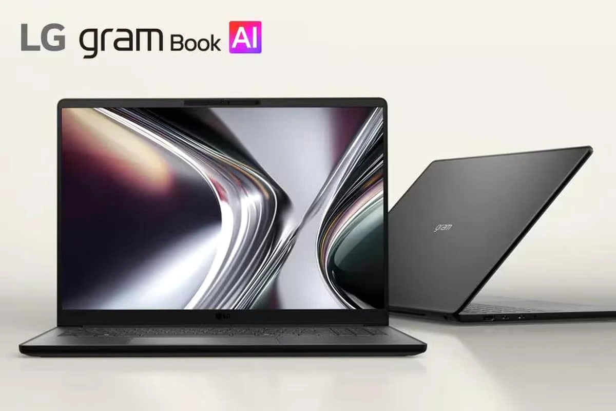 LG Gram Book 16 2026 ouvert sur un bureau, écran tactile affichant une interface, clavier visible