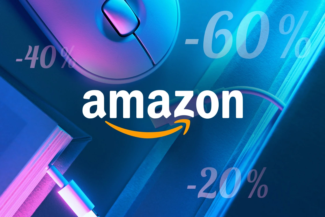 Logo Amazon sur écran d’ordinateur, avec bannière « French Days » et étiquettes de prix en promotion