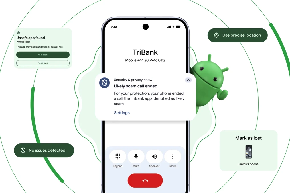 Logo Android sur un smartphone, avec une alerte de sécurité et une icône de banque en arrière-plan