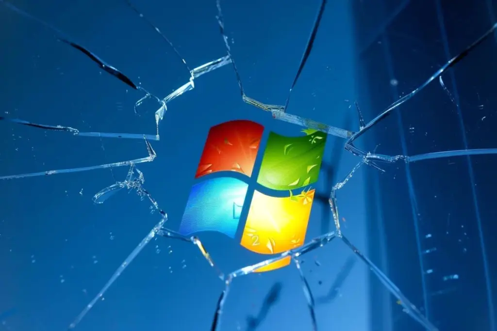 Logo Microsoft sur écran d’ordinateur affichant Windows 11, avec message d’erreur et icône d’avertissement