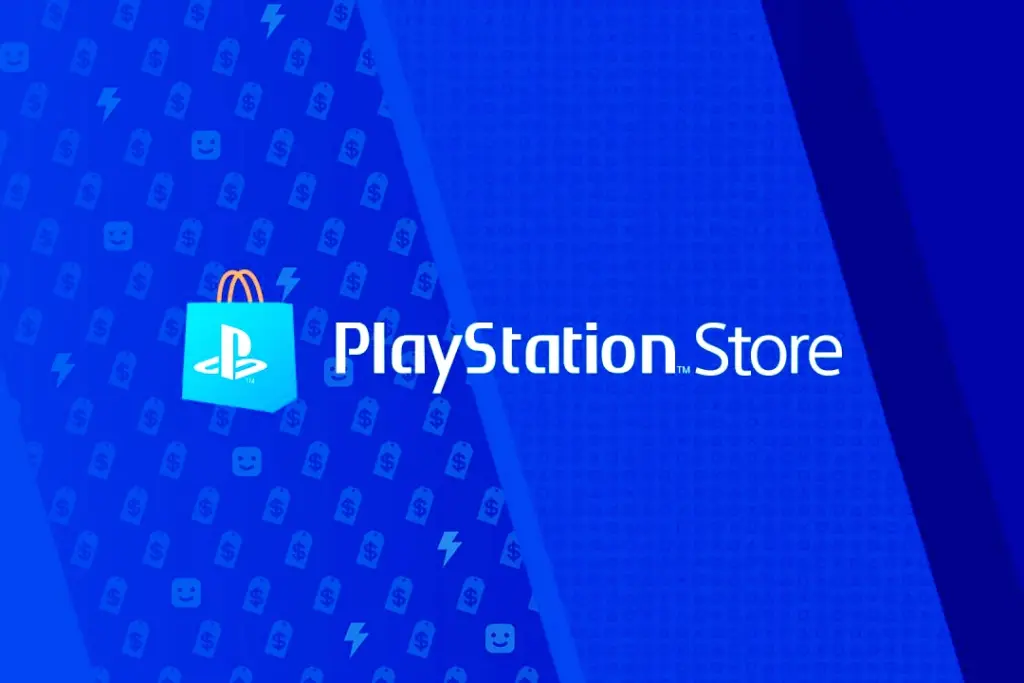 Logo PlayStation Store sur écran avec vignettes de jeux PS5 et PS4 et étiquettes de soldes jusqu’à -95%