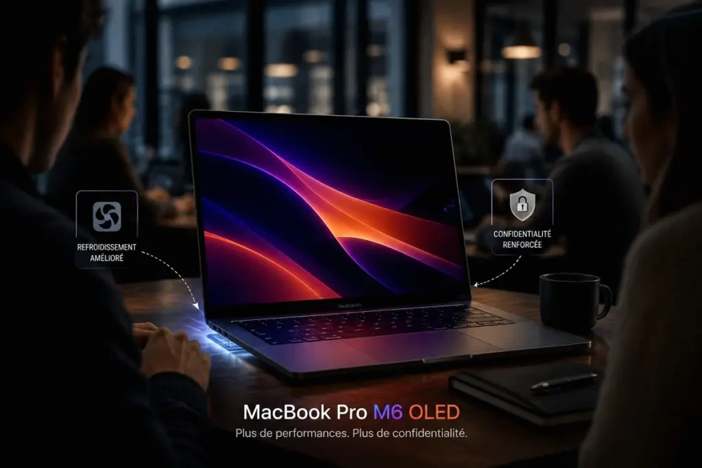 MacBook Pro M6 OLED ouvert sur un bureau, grilles d’aération visibles et filtre de confidentialité à l’écran