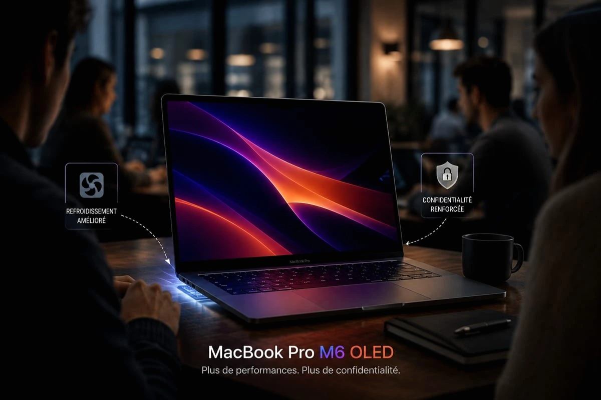 MacBook Pro M6 OLED ouvert sur un bureau, grilles d’aération visibles et filtre de confidentialité à l’écran