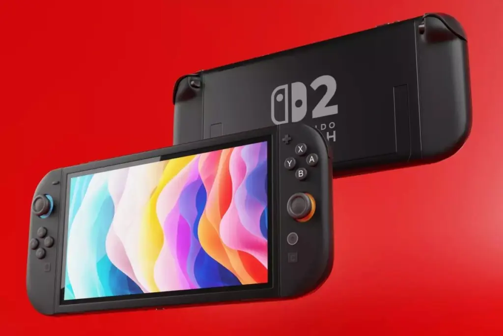 Nintendo Switch 2 posée sur une table, écran allumé avec une liste de 9 jeux rétrocompatibles validés