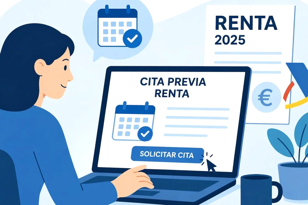 Personne demandant un rendez-vous pour la déclaration Renta 2025 sur un ordinateur portable, agenda ouvert