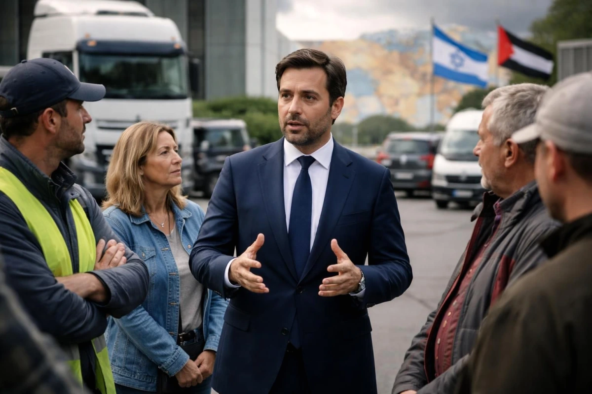 Station-service avec panneau des prix des carburants, automobilistes faisant le plein, logo du gouvernement en arrière-plan