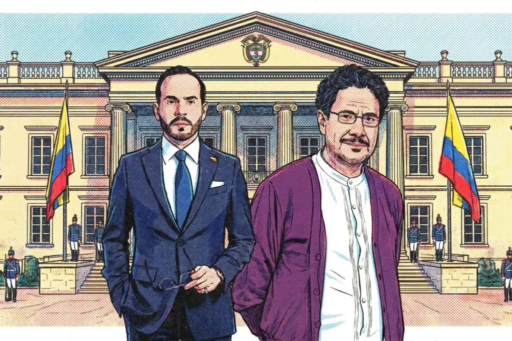 Abelardo de la Espriella et Iván Cepeda en portraits côte à côte, avec un graphique Polymarket en hausse.