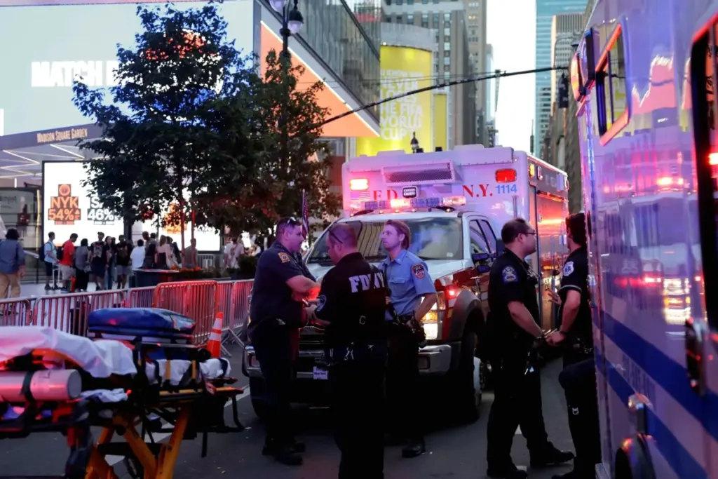 Agents de police à Penn Station, ruban de sécurité et voyageurs en arrière-plan après une attaque au couteau