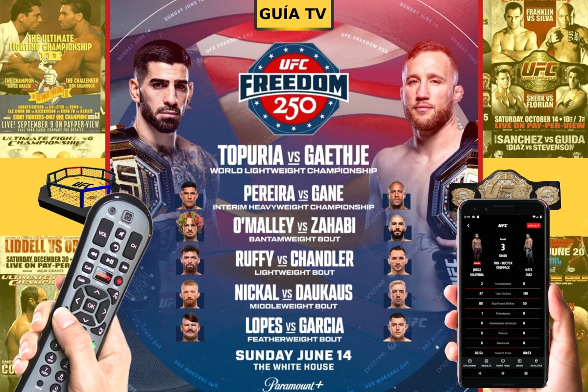 Combattants UFC face à face dans une cage, avec la Maison-Blanche en arrière-plan, UFC Freedom 250 Topuria-Gaethje