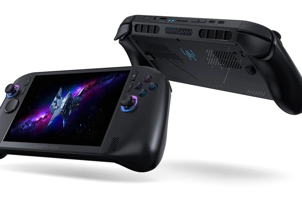 Console portable affichant Intel Arc G3 Extreme, face à une puce AMD, sur fond de circuits électroniques